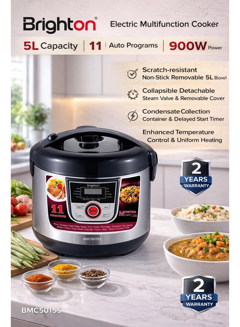 برايتون طباخ كهربائي متعدد الوظائف سعة 5 لترات بقوة 900 واط - 11 برنامجًا تلقائيًا، مؤقت 24 ساعة وبدء تشغيل مؤجل، وعاء قابل للإزالة غير لاصق، وظائف الطهي بالبخار/الطبخ على نار هادئة/القلي/الخبز/صنع الزبادي، خاصية الحفاظ على الحرارة، ضمان لمدة عامين - Image 3